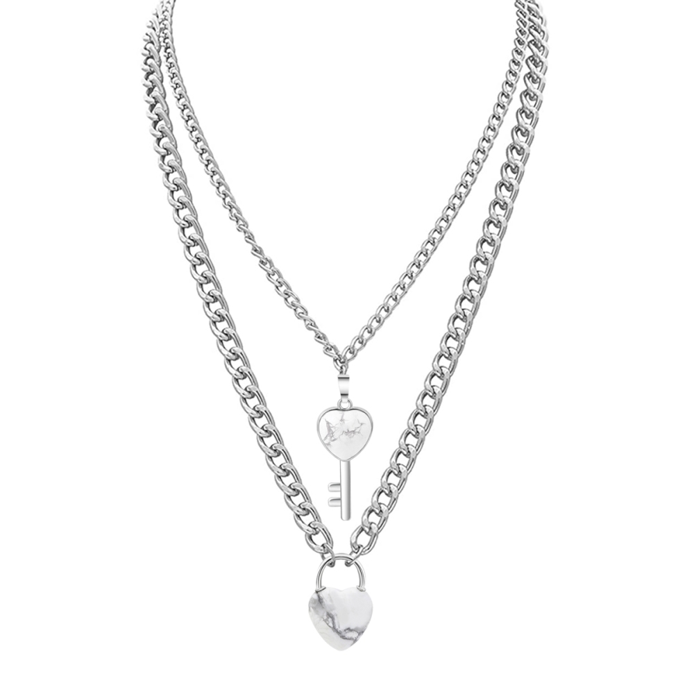 Layered Key Lock Pendant Necklace Chunky Punk Silver Chain Choker Cuban Link  Statement Jewelry for Women and Girls