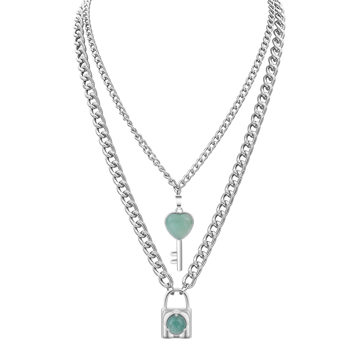 Layered Key Lock Pendant Necklace Chunky Punk Silver Chain Choker Cuban Link  Statement Jewelry for Women and Girls
