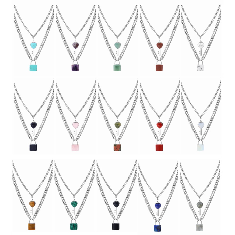 Layered Key Lock Pendant Necklace Chunky Punk Silver Chain Choker Cuban Link  Statement Jewelry for Women and Girls