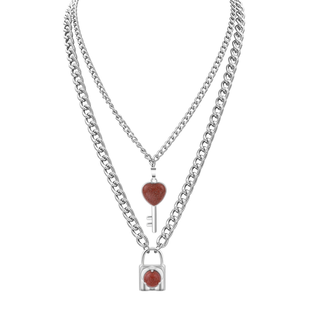 Layered Key Lock Pendant Necklace Chunky Punk Silver Chain Choker Cuban Link  Statement Jewelry for Women and Girls