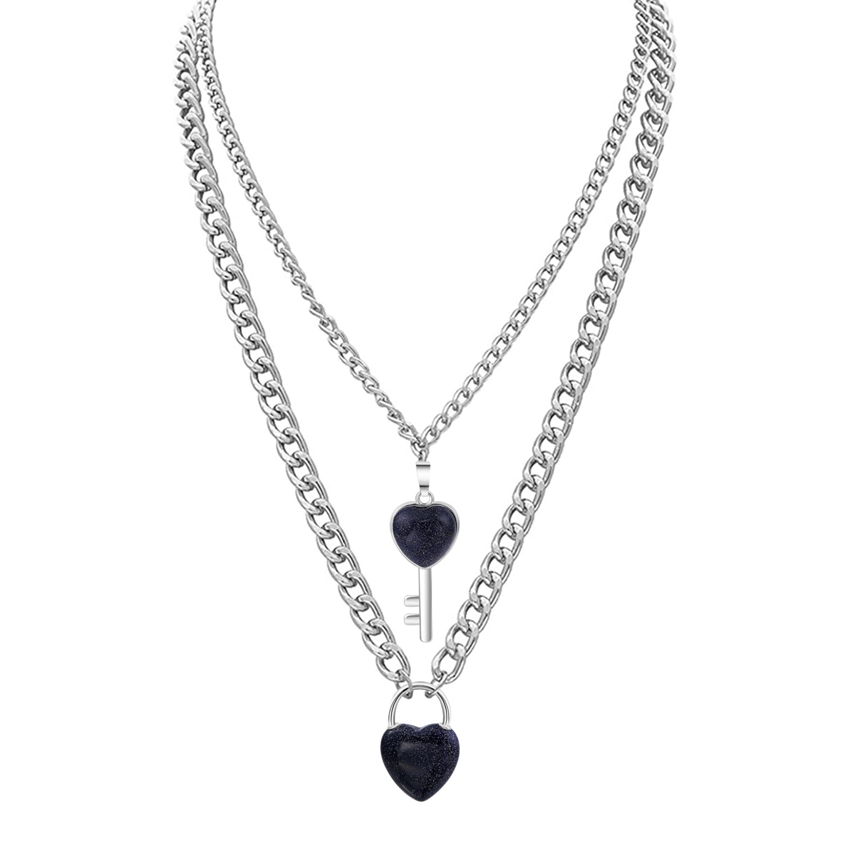 Layered Key Lock Pendant Necklace Chunky Punk Silver Chain Choker Cuban Link  Statement Jewelry for Women and Girls