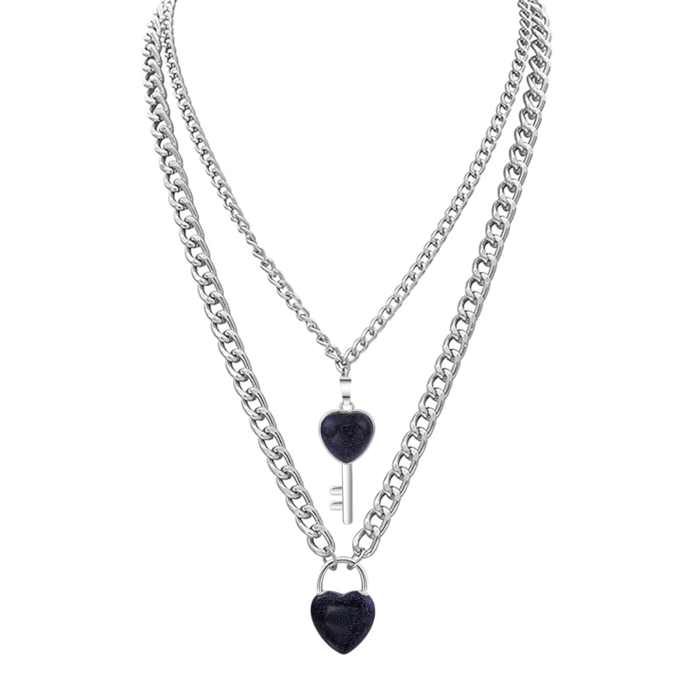 Layered Key Lock Pendant Necklace Chunky Punk Silver Chain Choker Cuban Link  Statement Jewelry for Women and Girls