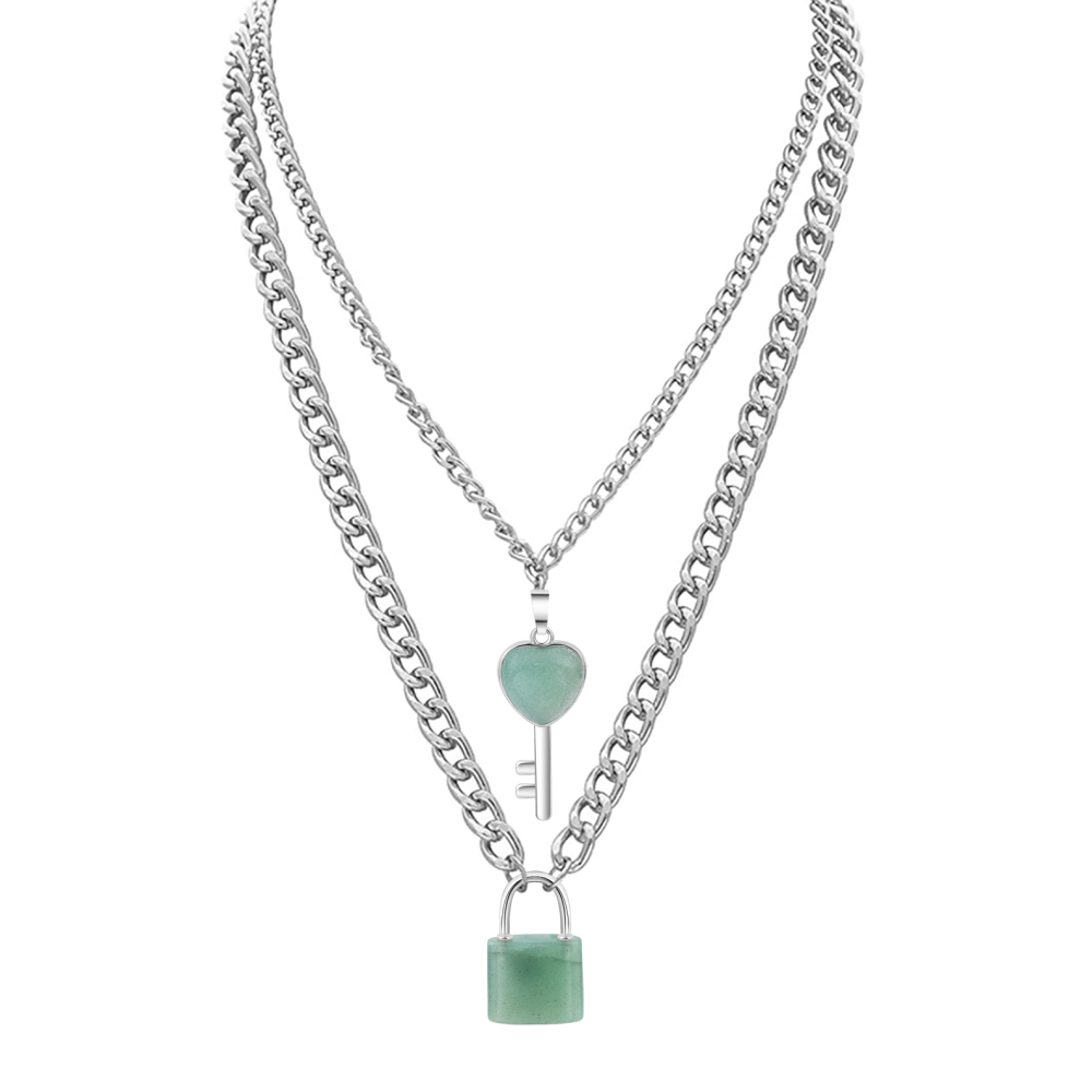 Layered Key Lock Pendant Necklace Chunky Punk Silver Chain Choker Cuban Link  Statement Jewelry for Women and Girls
