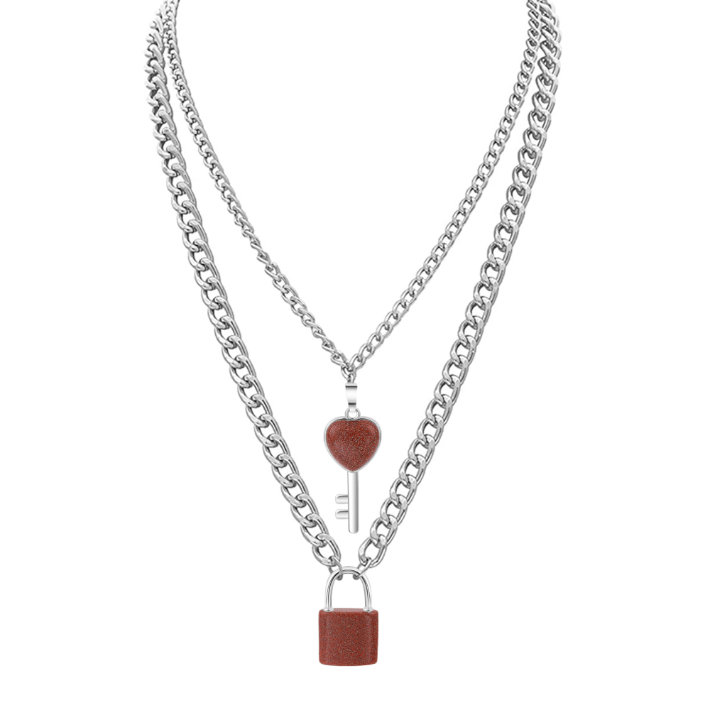 Layered Key Lock Pendant Necklace Chunky Punk Silver Chain Choker Cuban Link  Statement Jewelry for Women and Girls