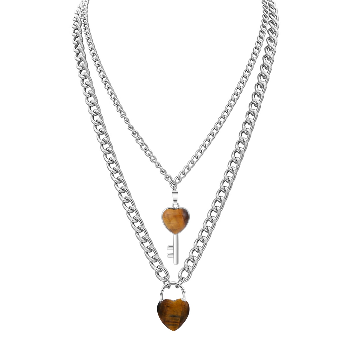 Layered Key Lock Pendant Necklace Chunky Punk Silver Chain Choker Cuban Link  Statement Jewelry for Women and Girls