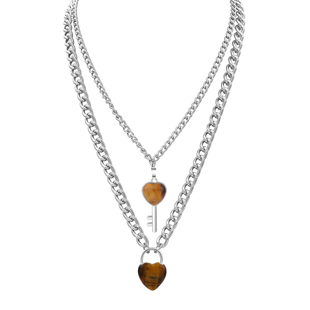 Layered Key Lock Pendant Necklace Chunky Punk Silver Chain Choker Cuban Link  Statement Jewelry for Women and Girls