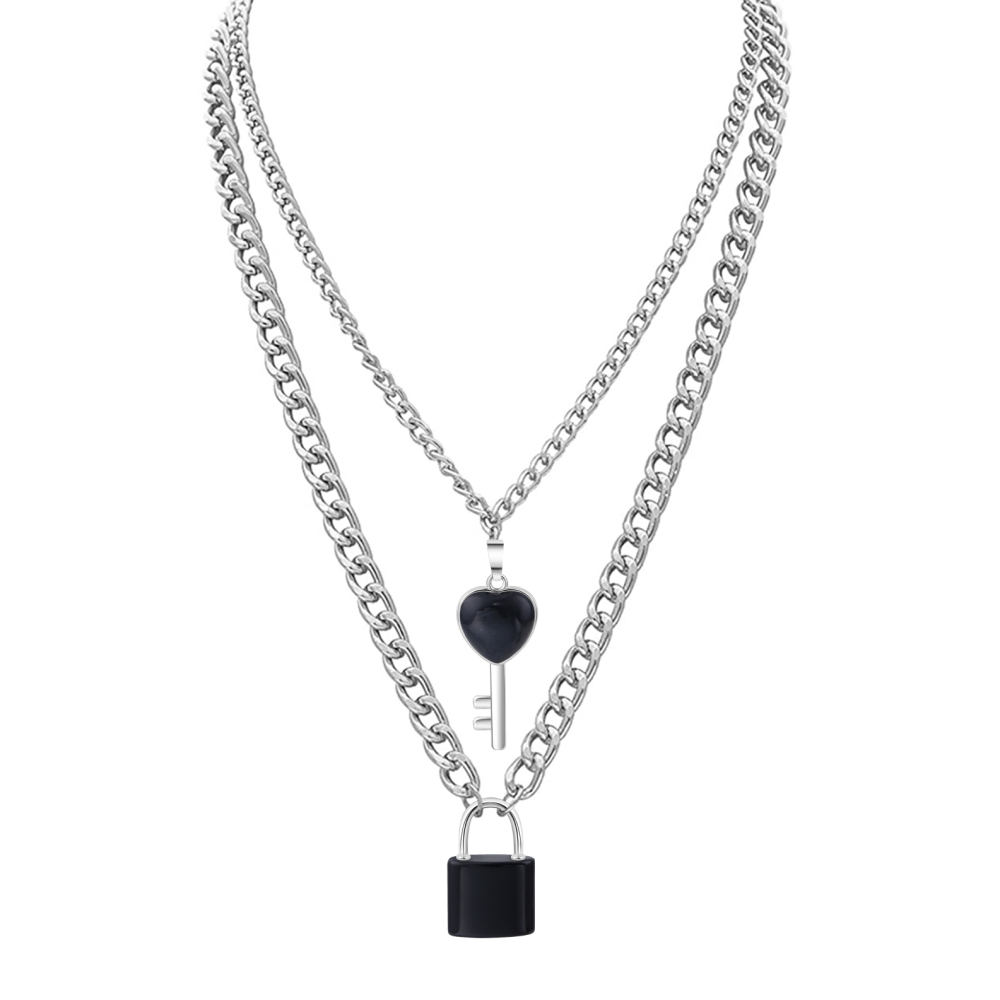 Layered Key Lock Pendant Necklace Chunky Punk Silver Chain Choker Cuban Link  Statement Jewelry for Women and Girls