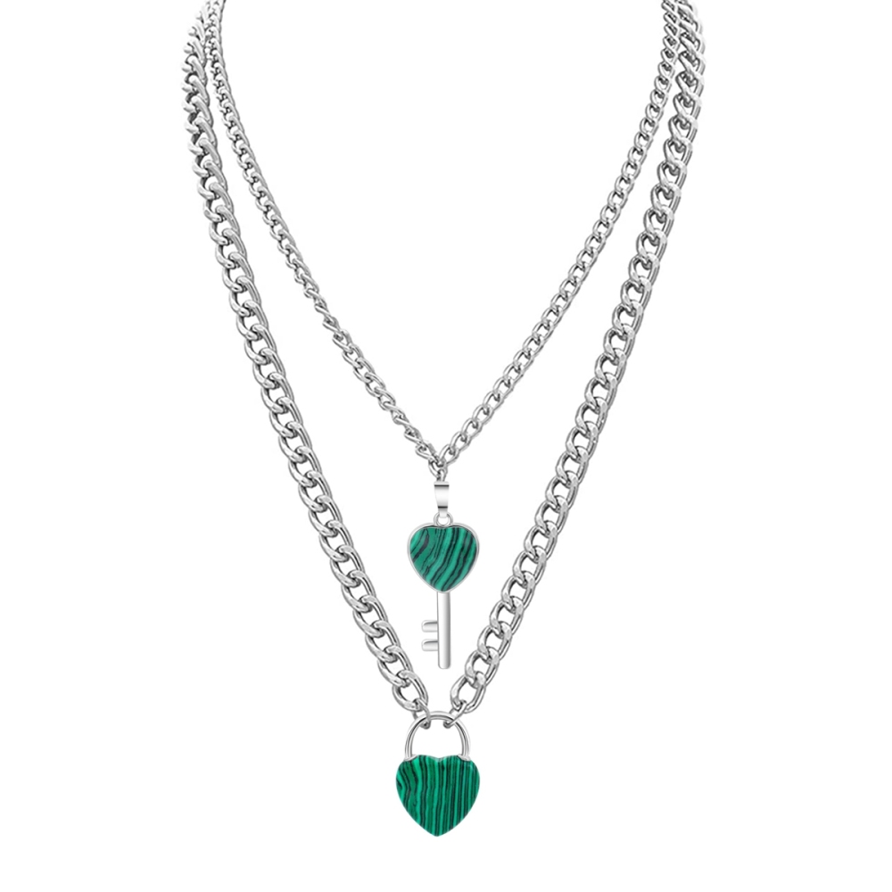 Layered Key Lock Pendant Necklace Chunky Punk Silver Chain Choker Cuban Link  Statement Jewelry for Women and Girls