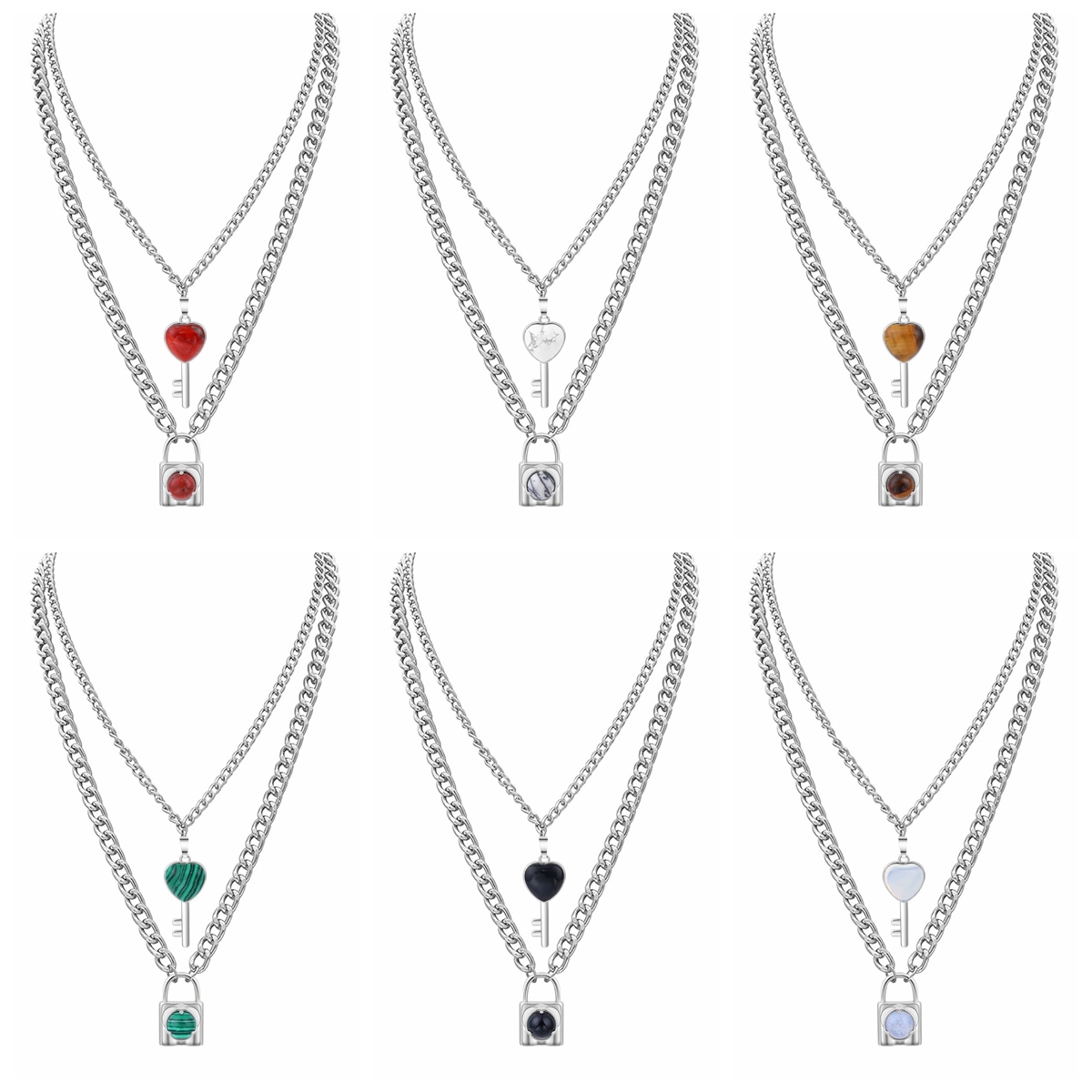 Layered Key Lock Pendant Necklace Chunky Punk Silver Chain Choker Cuban Link  Statement Jewelry for Women and Girls