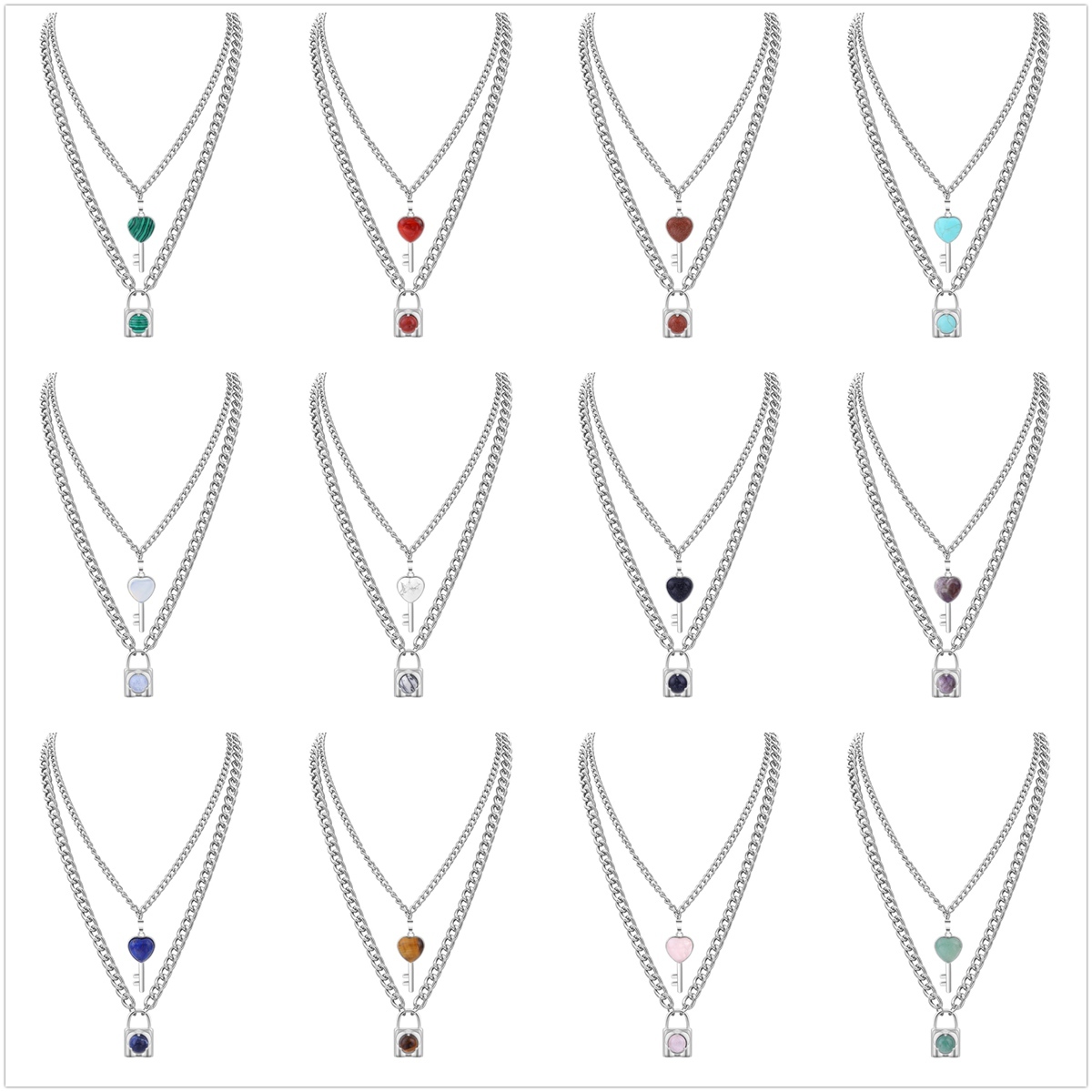 Layered Key Lock Pendant Necklace Chunky Punk Silver Chain Choker Cuban Link  Statement Jewelry for Women and Girls