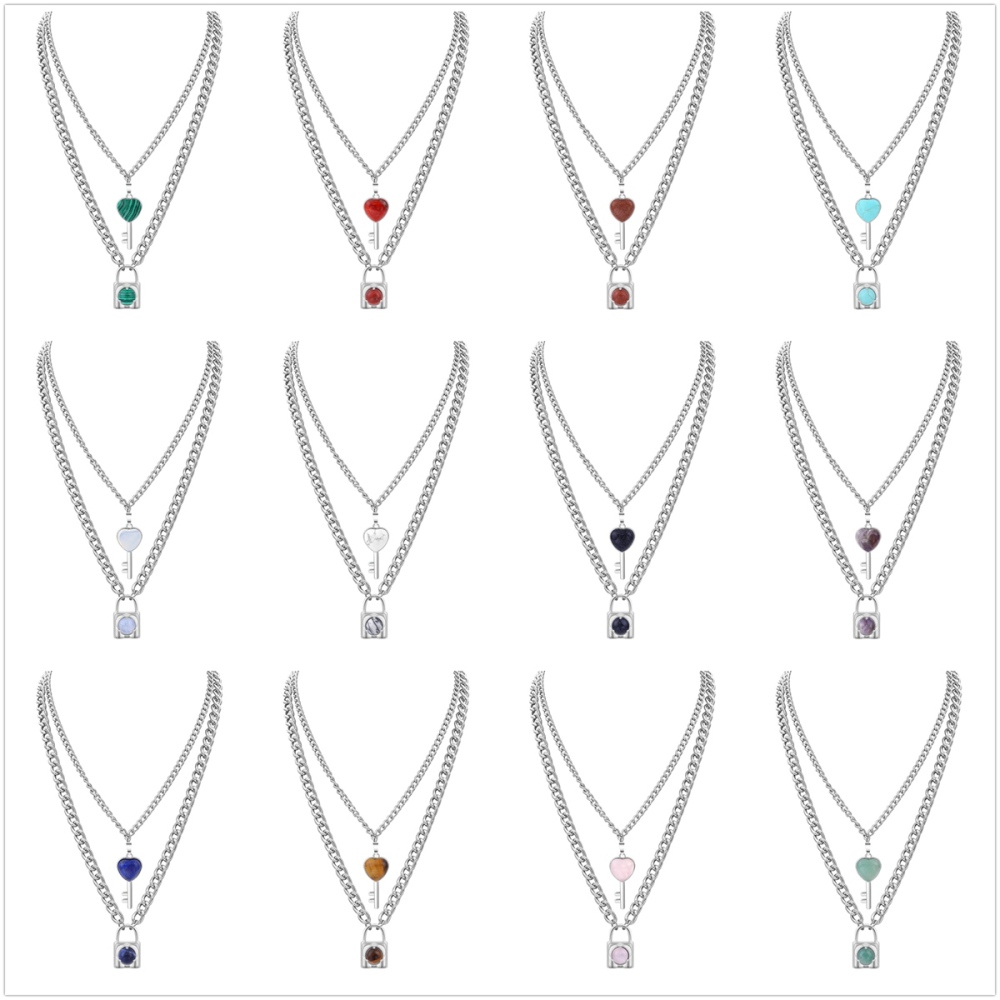 Layered Key Lock Pendant Necklace Chunky Punk Silver Chain Choker Cuban Link  Statement Jewelry for Women and Girls
