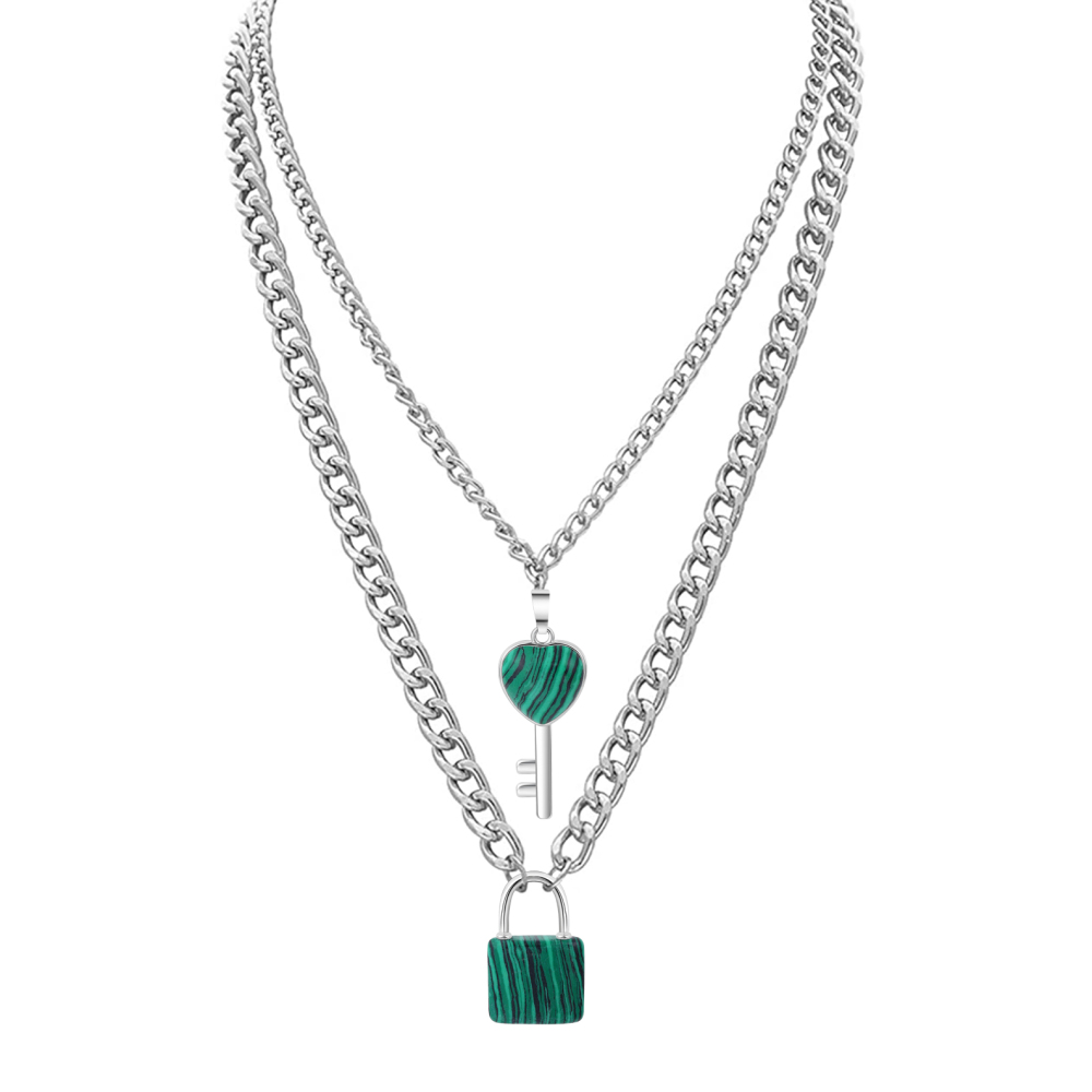 Layered Key Lock Pendant Necklace Chunky Punk Silver Chain Choker Cuban Link  Statement Jewelry for Women and Girls