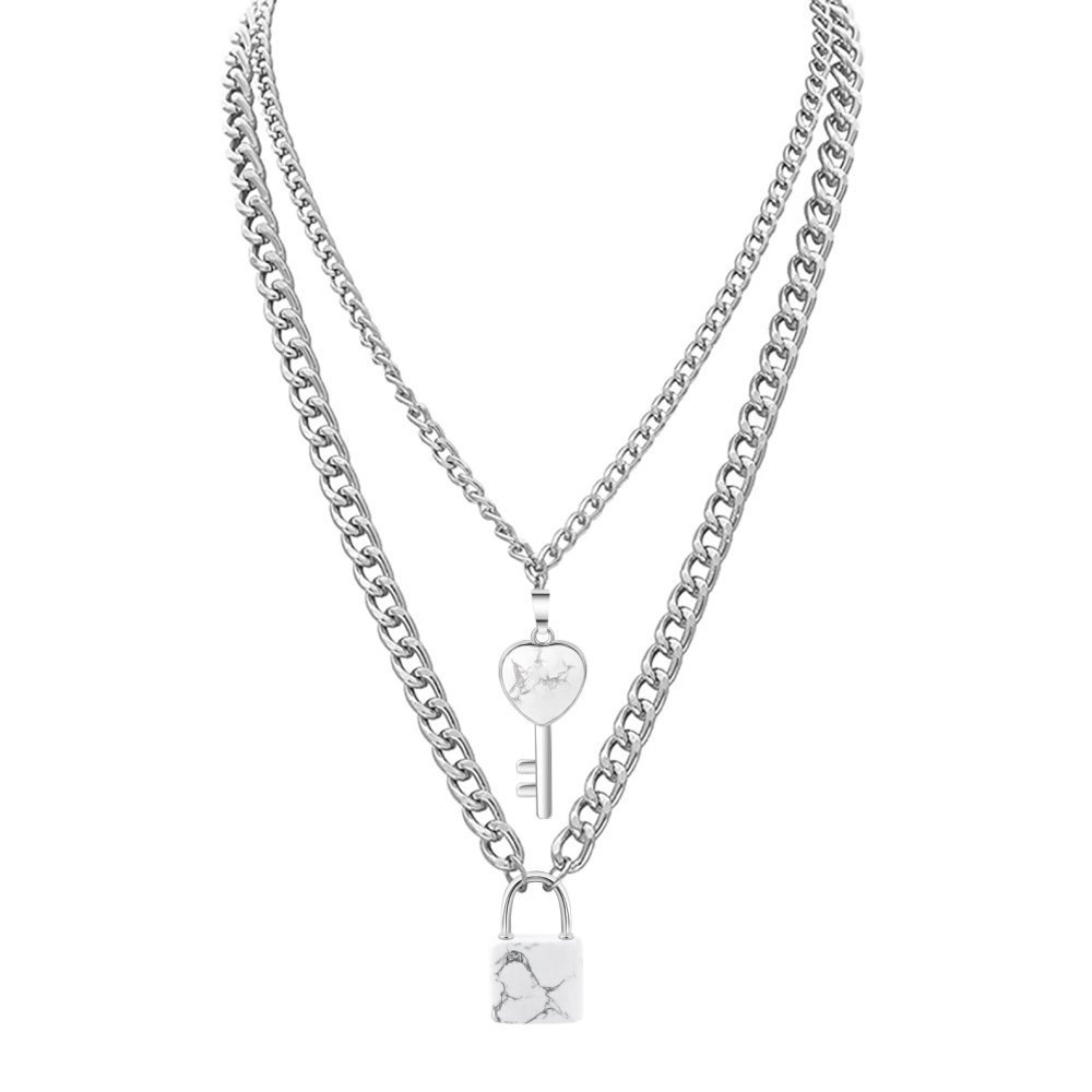 Layered Key Lock Pendant Necklace Chunky Punk Silver Chain Choker Cuban Link  Statement Jewelry for Women and Girls