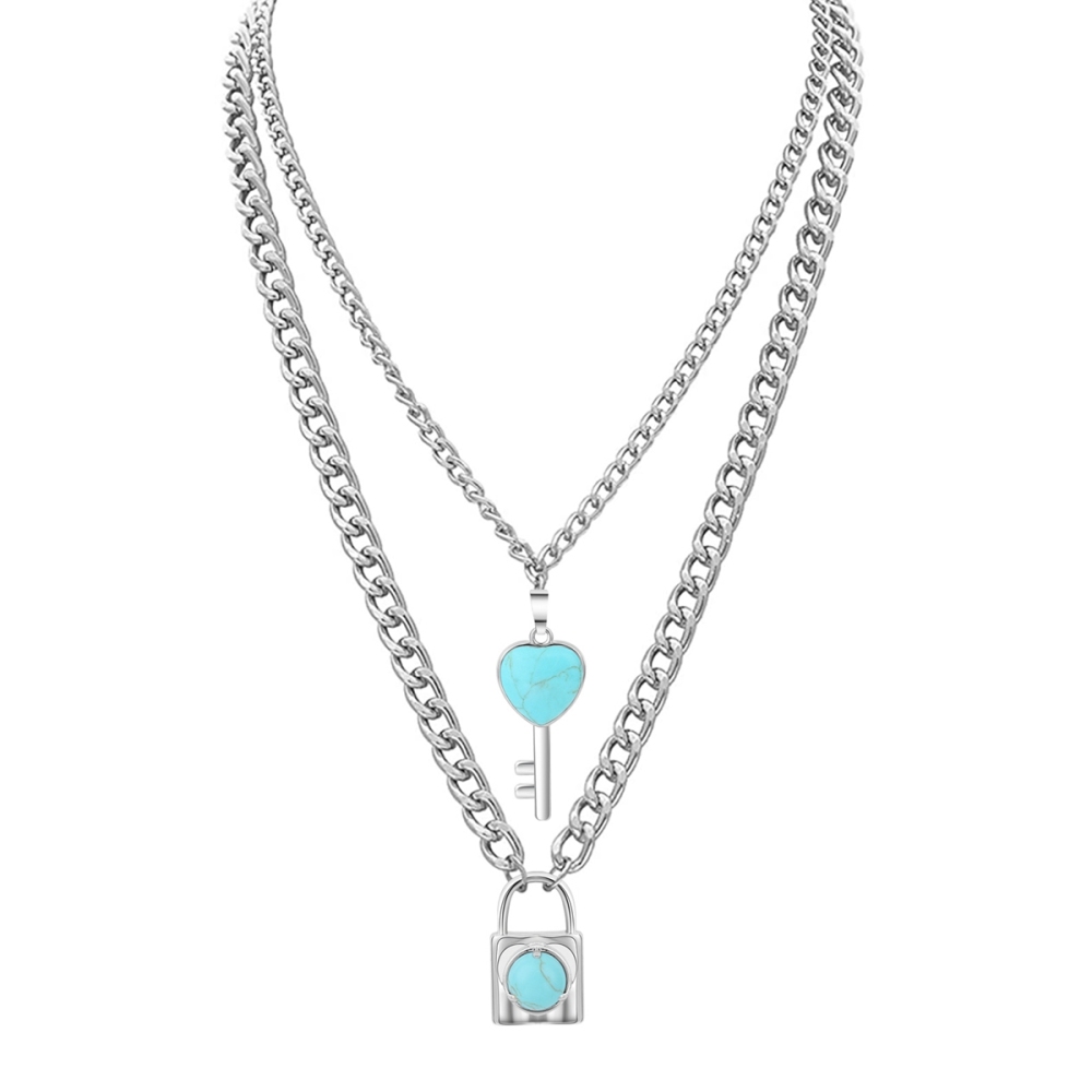 Layered Key Lock Pendant Necklace Chunky Punk Silver Chain Choker Cuban Link  Statement Jewelry for Women and Girls