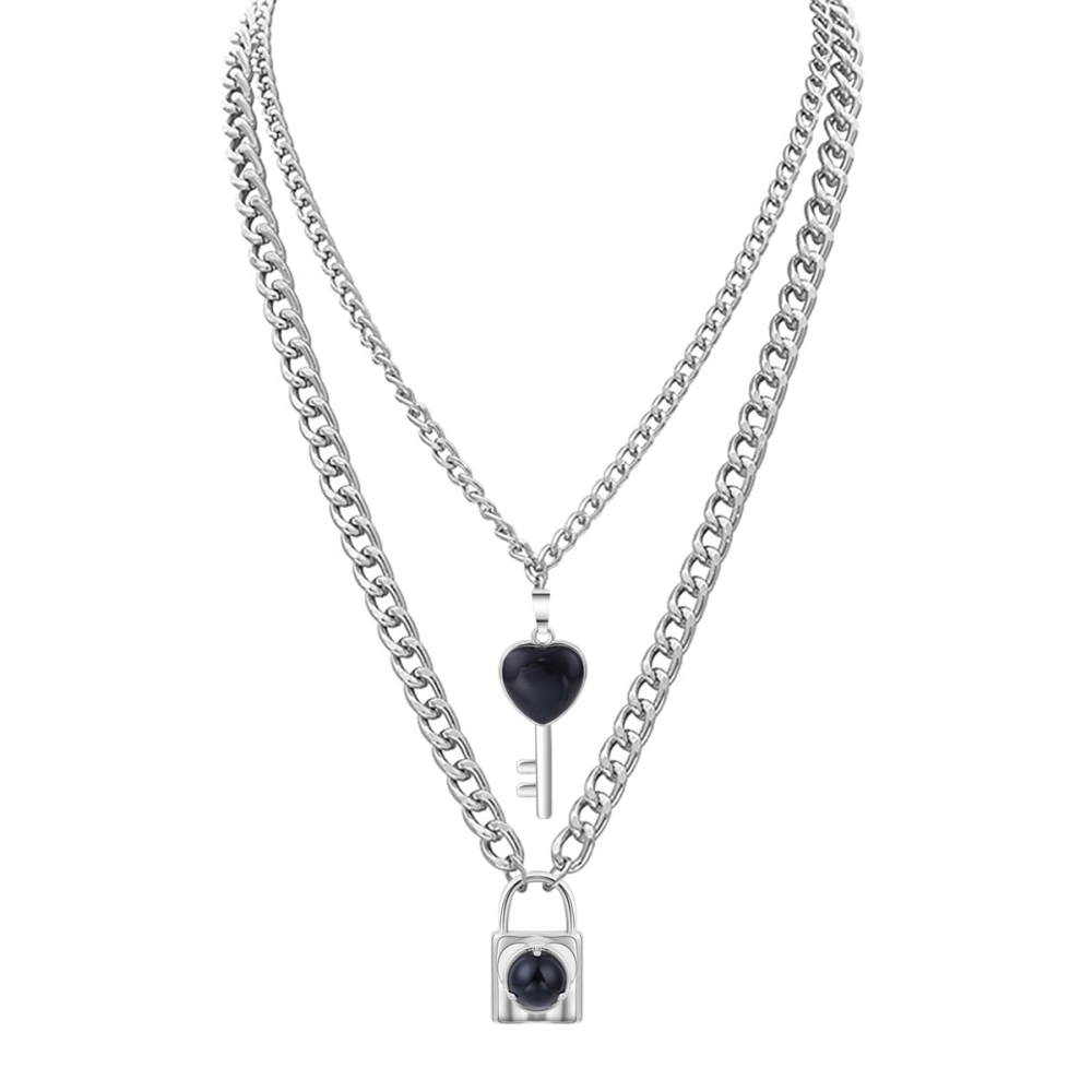 Layered Key Lock Pendant Necklace Chunky Punk Silver Chain Choker Cuban Link  Statement Jewelry for Women and Girls