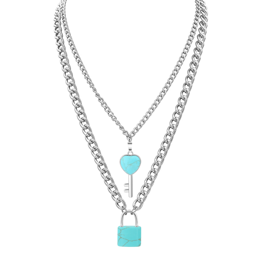 Layered Key Lock Pendant Necklace Chunky Punk Silver Chain Choker Cuban Link  Statement Jewelry for Women and Girls