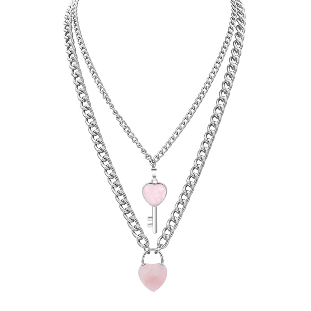 Layered Key Lock Pendant Necklace Chunky Punk Silver Chain Choker Cuban Link  Statement Jewelry for Women and Girls