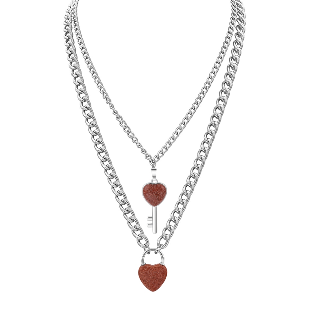 Layered Key Lock Pendant Necklace Chunky Punk Silver Chain Choker Cuban Link  Statement Jewelry for Women and Girls