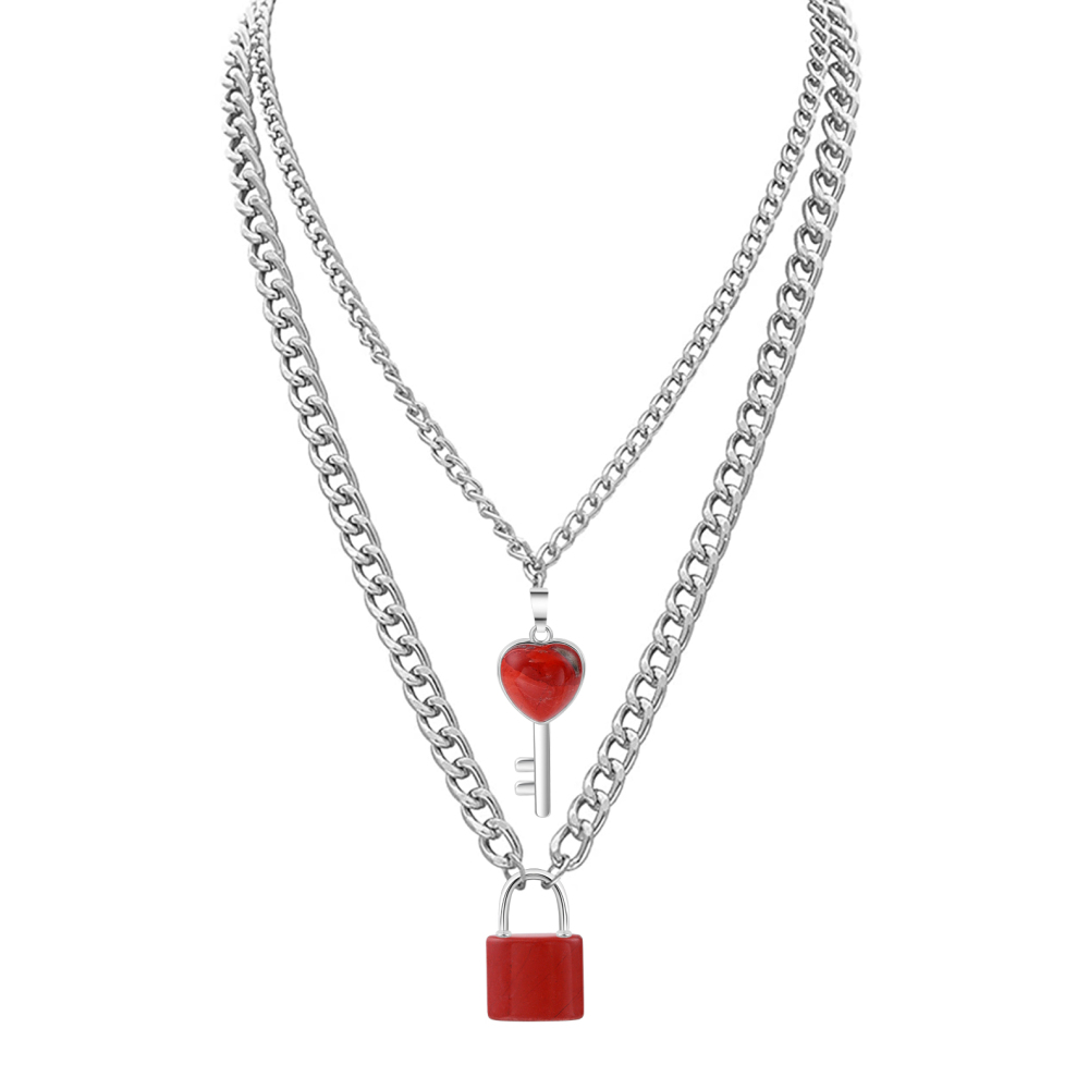 Layered Key Lock Pendant Necklace Chunky Punk Silver Chain Choker Cuban Link  Statement Jewelry for Women and Girls