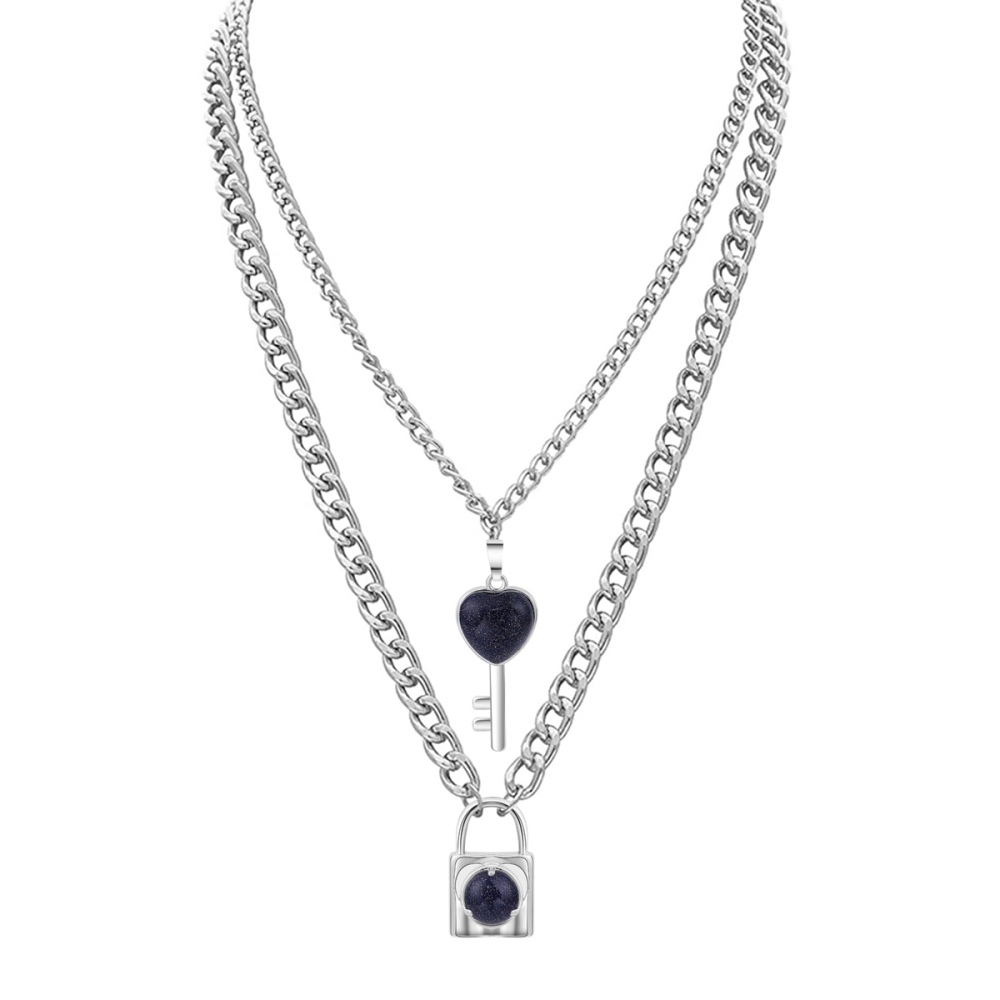 Layered Key Lock Pendant Necklace Chunky Punk Silver Chain Choker Cuban Link  Statement Jewelry for Women and Girls