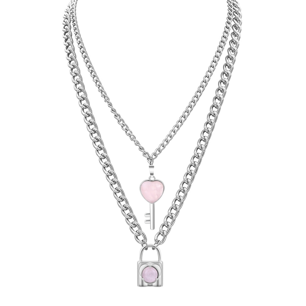 Layered Key Lock Pendant Necklace Chunky Punk Silver Chain Choker Cuban Link  Statement Jewelry for Women and Girls