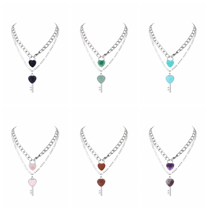 Layered Key Lock Pendant Necklace Chunky Punk Silver Chain Choker Cuban Link  Statement Jewelry for Women and Girls