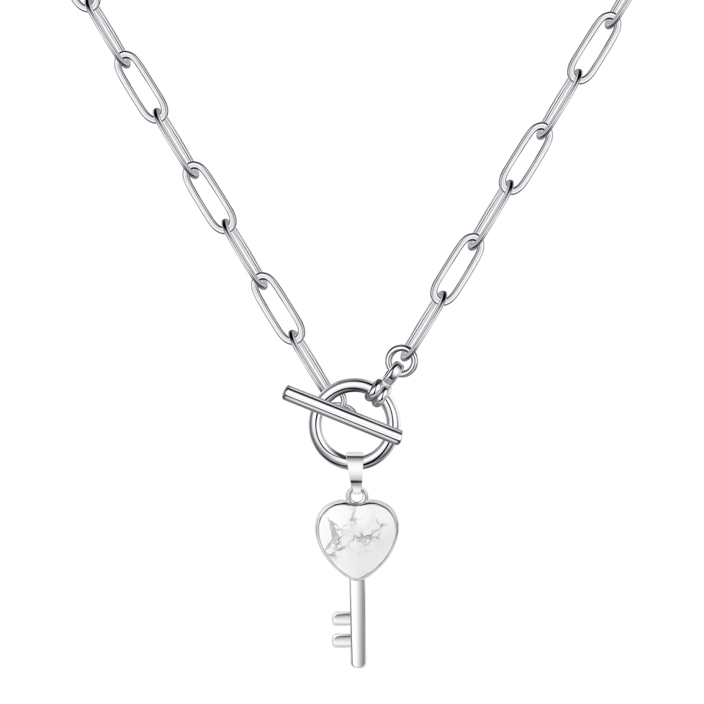 Gemstone Key Pendant Necklace with IQ Clasp Chunky Punk Chain Choker Cuban Link  Statement Jewelry for Women and Girls