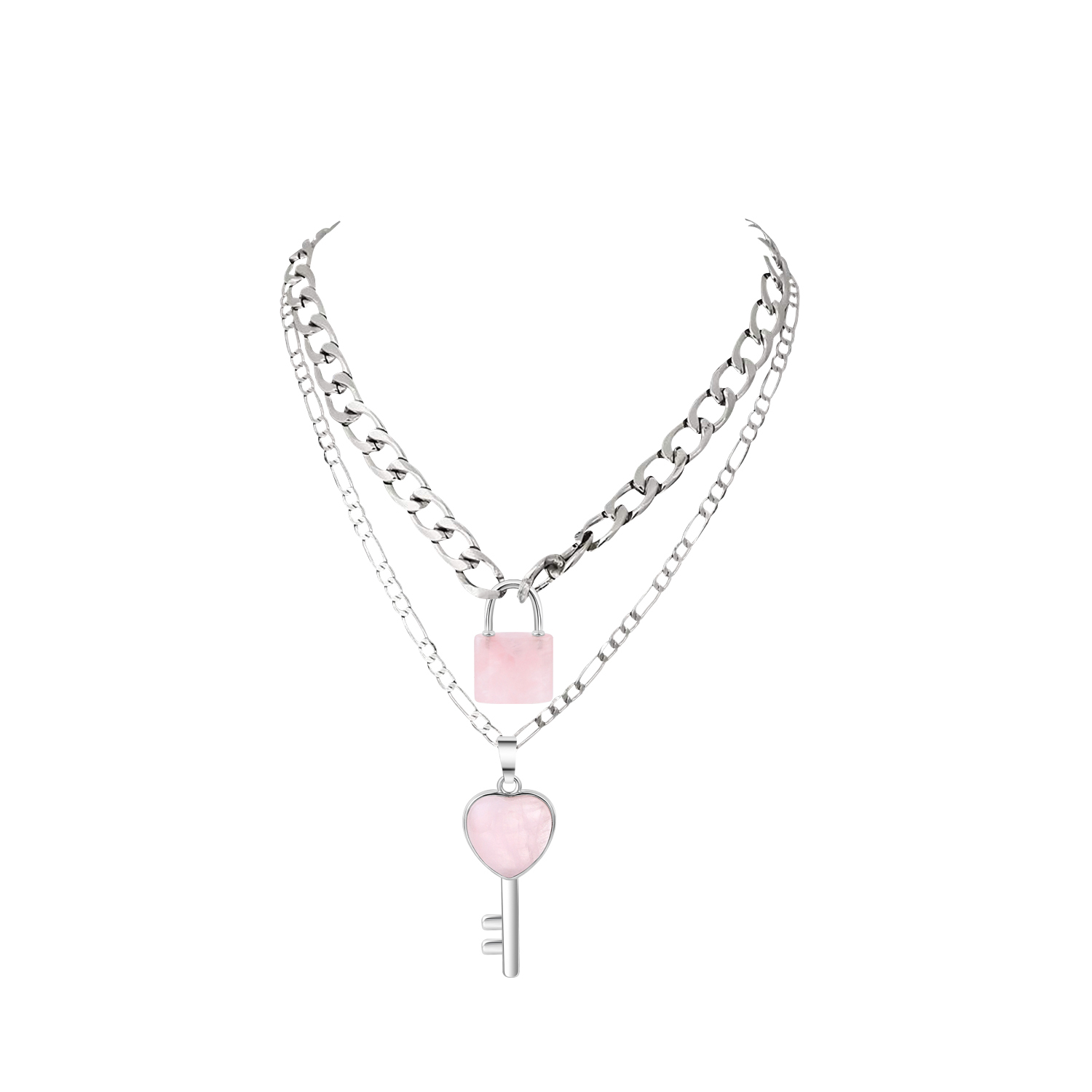 Layered Key Lock Pendant Necklace Chunky Punk Silver Chain Choker Cuban Link  Statement Jewelry for Women and Girls