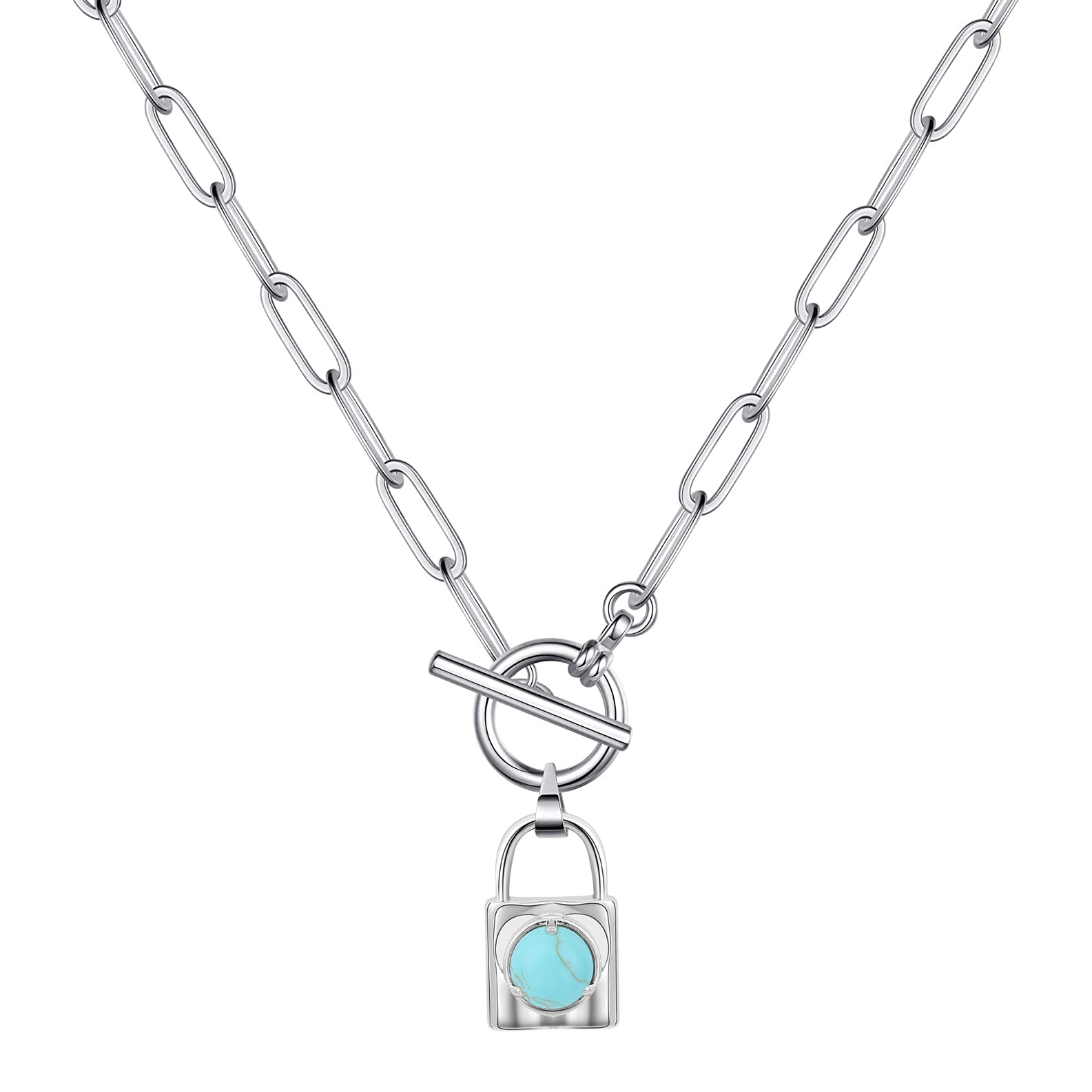 Natural Gemstone Silver Alloy Lock Pendant Necklace with IQ Clasp Chunky Punk Chain Choker Cuban Link  Statement Jewelry for Women and Girls