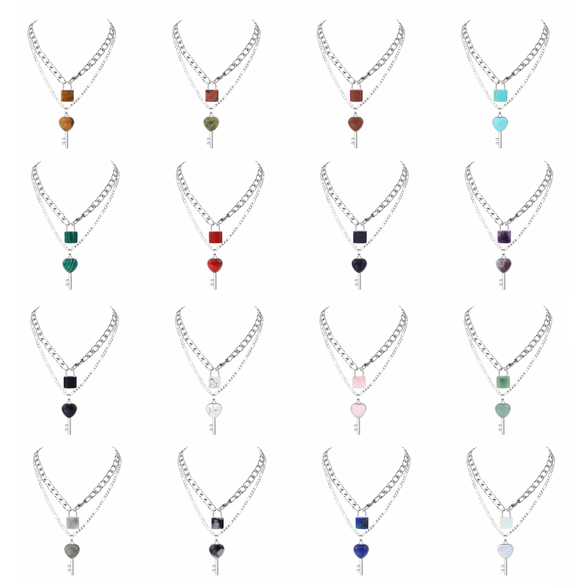 Layered Key Lock Pendant Necklace Chunky Punk Silver Chain Choker Cuban Link  Statement Jewelry for Women and Girls