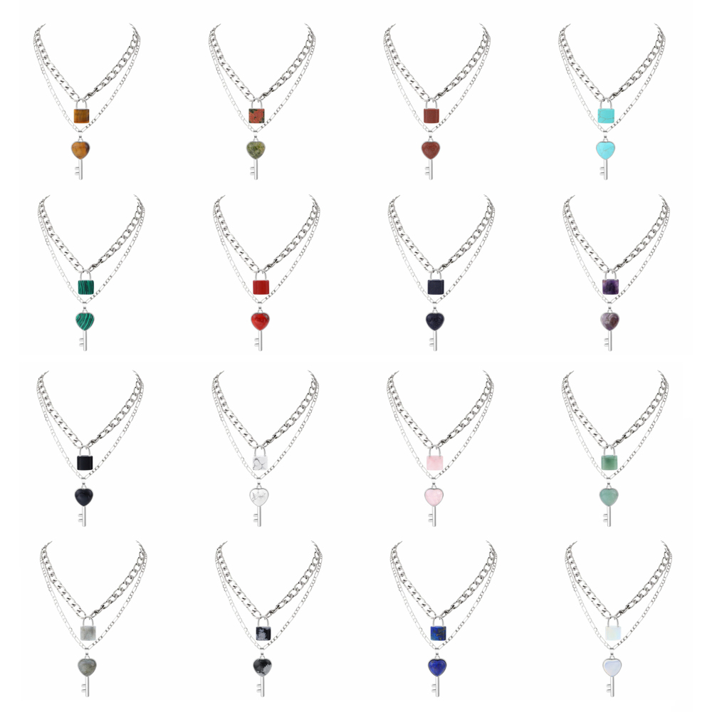 Layered Key Lock Pendant Necklace Chunky Punk Silver Chain Choker Cuban Link  Statement Jewelry for Women and Girls