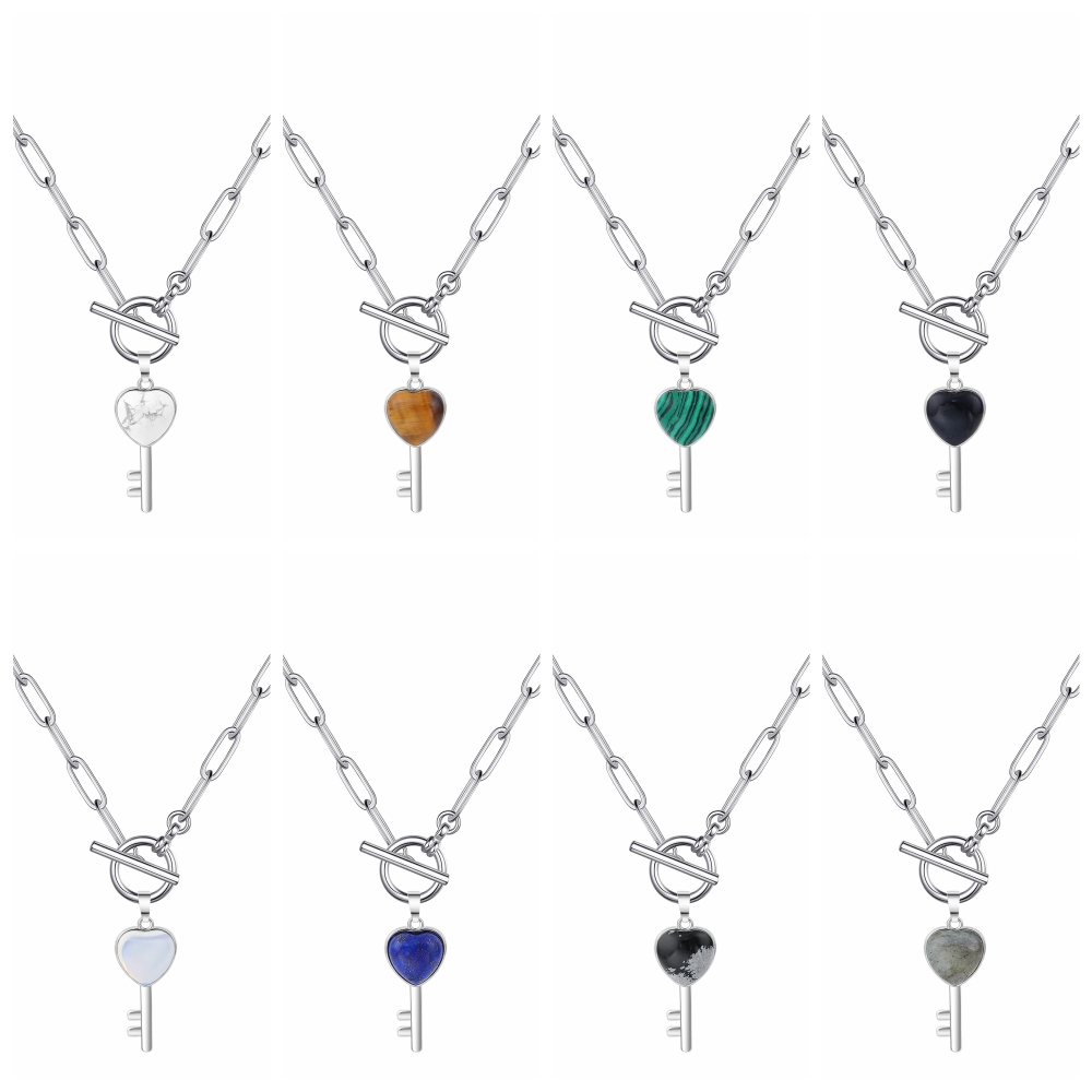 Gemstone Key Pendant Necklace with IQ Clasp Chunky Punk Chain Choker Cuban Link  Statement Jewelry for Women and Girls