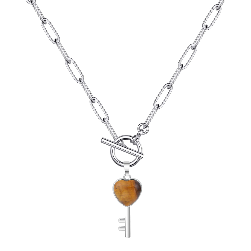 Gemstone Key Pendant Necklace with IQ Clasp Chunky Punk Chain Choker Cuban Link  Statement Jewelry for Women and Girls