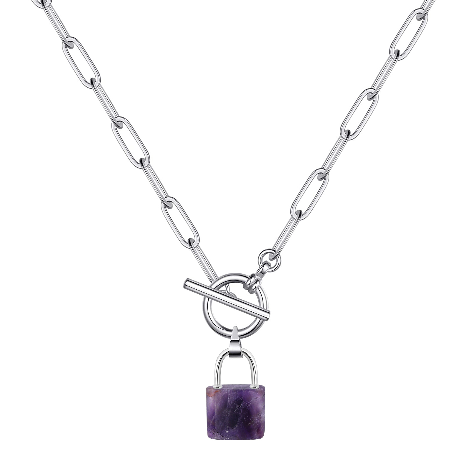 Natural Gemstone Lock Pendant Necklace with IQ Clalsp Chunky Punk Chain Choker Cuban Link  Statement Jewelry for Women and Girls