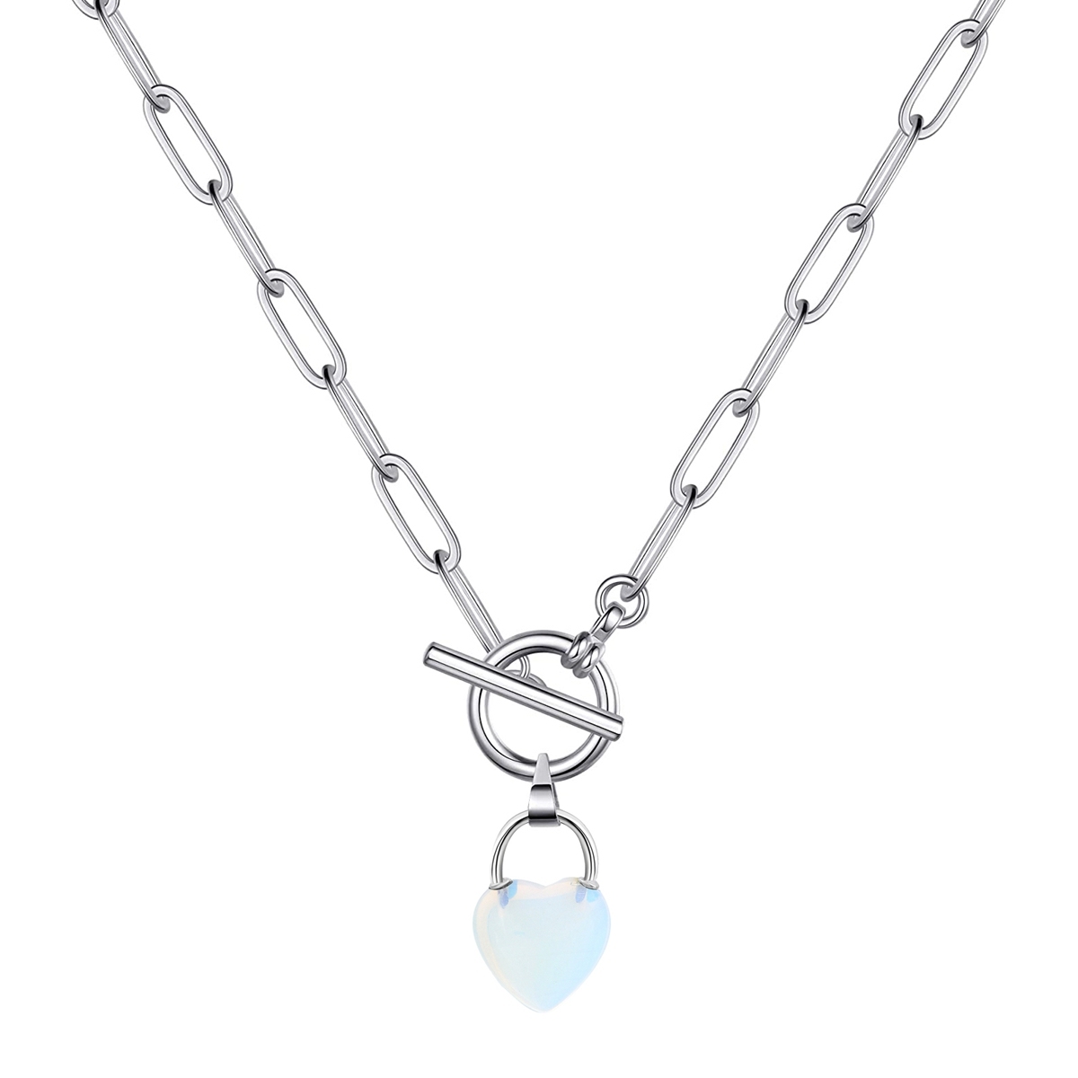 Natural Gemstone Love Heart Lock Pendant Necklace with IQ Clasp Chunky Punk Chain Choker Cuban Link  Statement Jewelry for Women and Girls