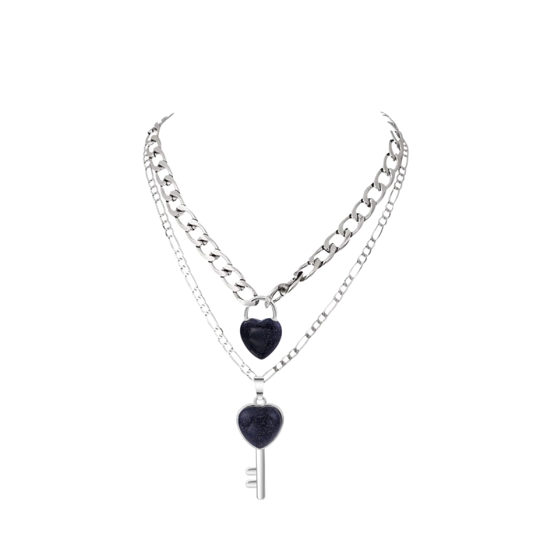 Layered Key Lock Pendant Necklace Chunky Punk Silver Chain Choker Cuban Link  Statement Jewelry for Women and Girls