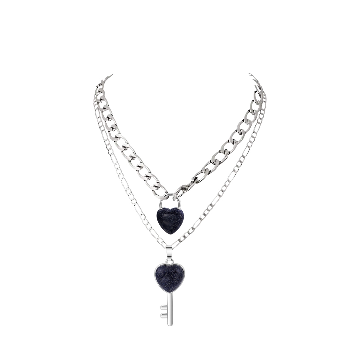 Layered Key Lock Pendant Necklace Chunky Punk Silver Chain Choker Cuban Link  Statement Jewelry for Women and Girls