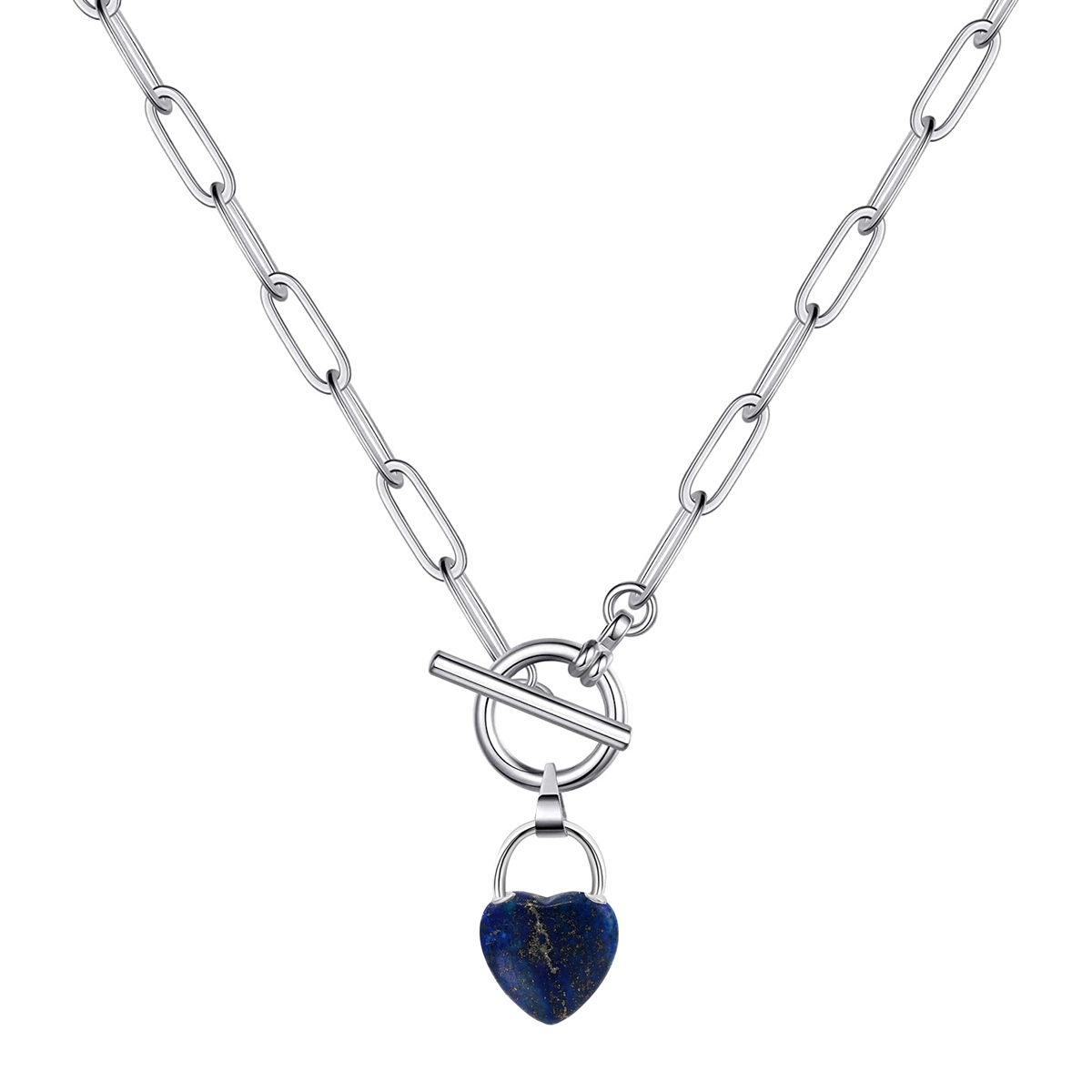 Natural Gemstone Love Heart Lock Pendant Necklace with IQ Clasp Chunky Punk Chain Choker Cuban Link  Statement Jewelry for Women and Girls