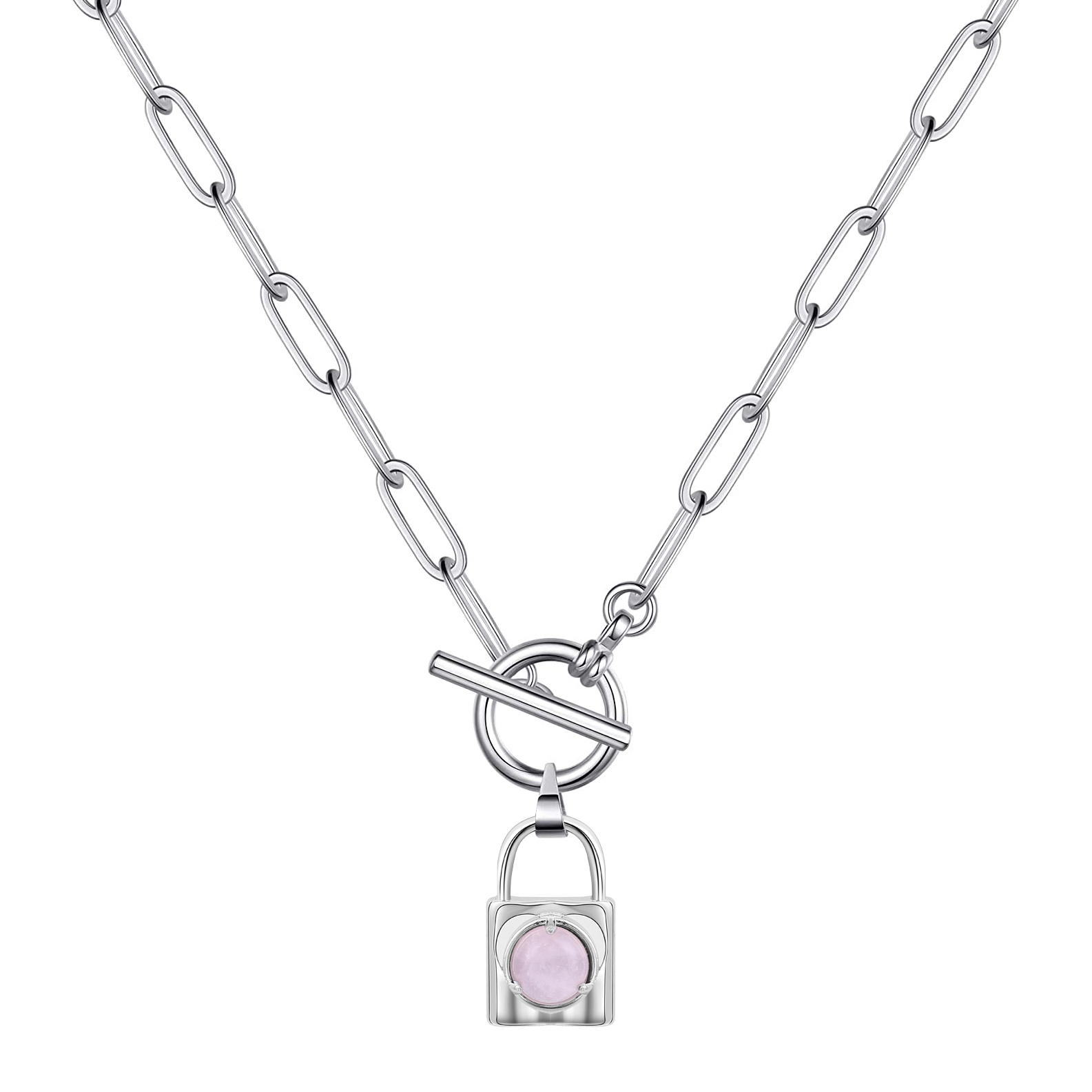 Natural Gemstone Silver Alloy Lock Pendant Necklace with IQ Clasp Chunky Punk Chain Choker Cuban Link  Statement Jewelry for Women and Girls