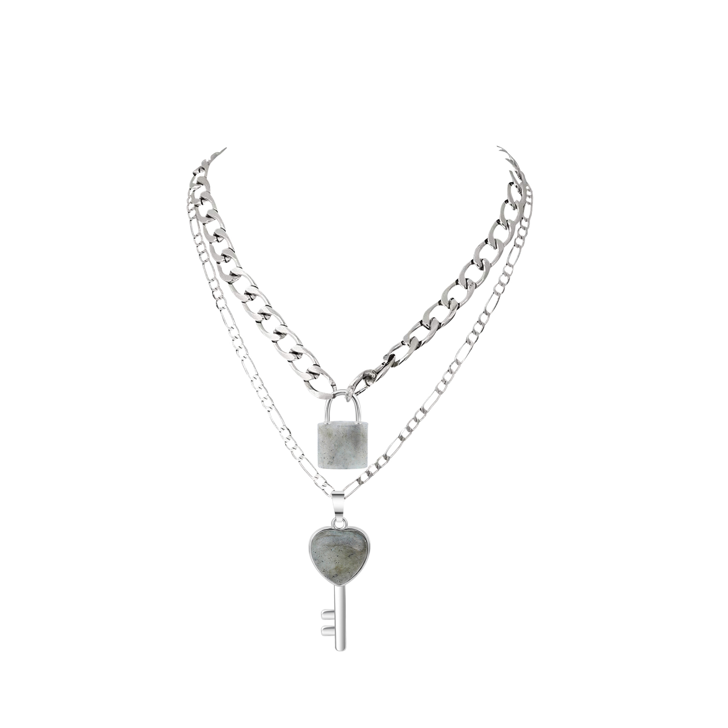 Layered Key Lock Pendant Necklace Chunky Punk Silver Chain Choker Cuban Link  Statement Jewelry for Women and Girls