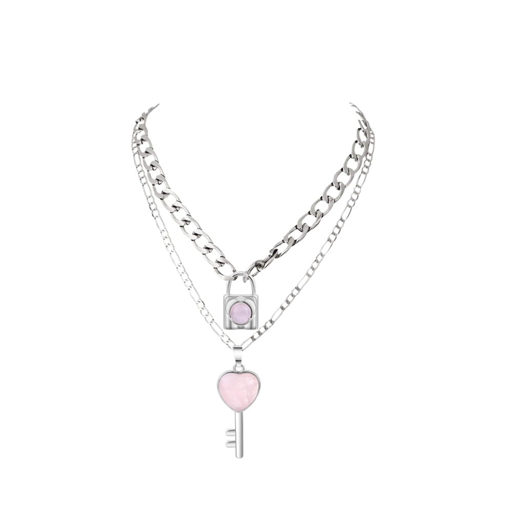 Layered Key Lock Pendant Necklace Chunky Punk Silver Chain Choker Cuban Link  Statement Jewelry for Women and Girls
