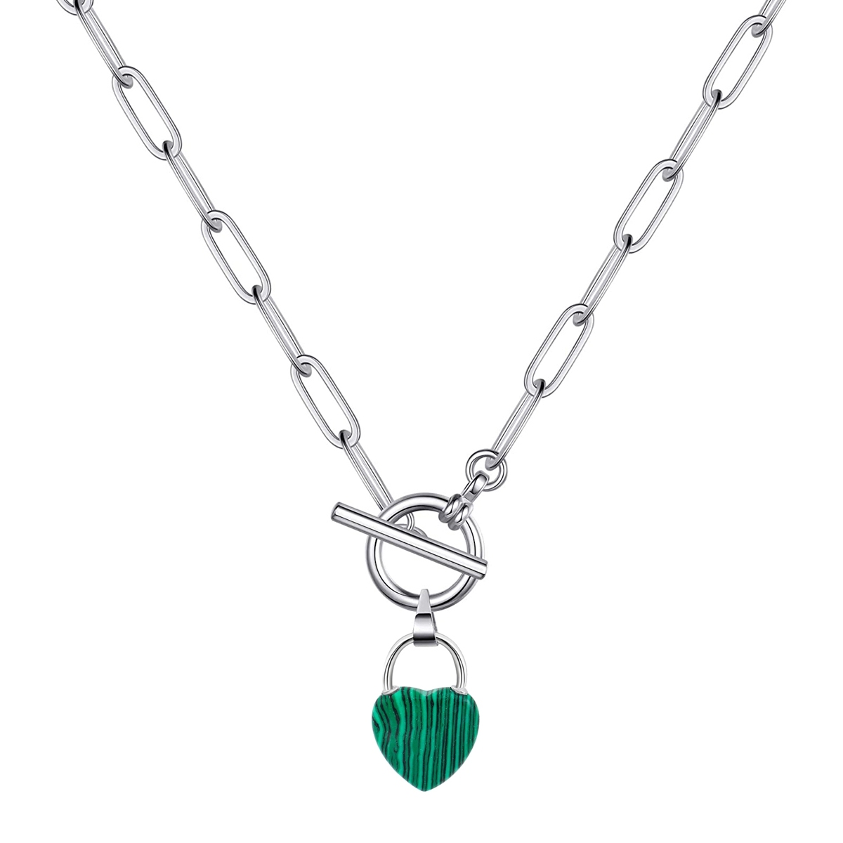 Natural Gemstone Love Heart Lock Pendant Necklace with IQ Clasp Chunky Punk Chain Choker Cuban Link  Statement Jewelry for Women and Girls