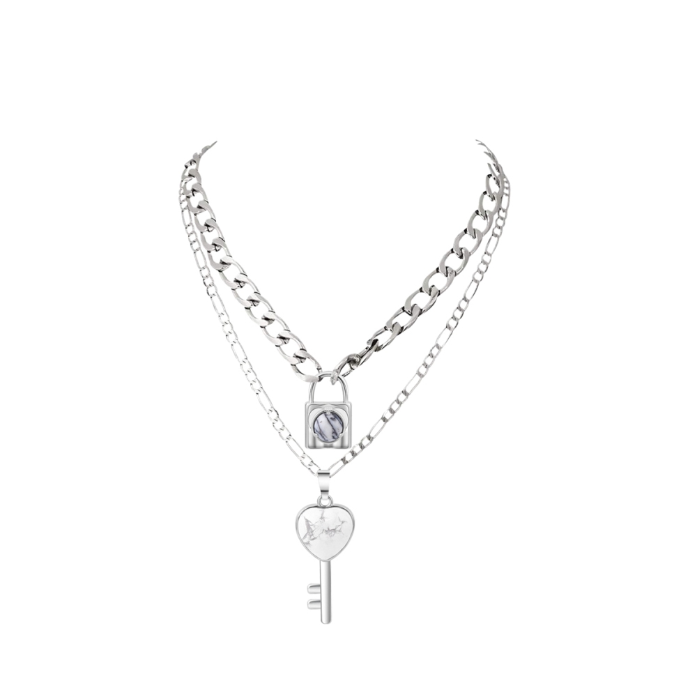 Layered Key Lock Pendant Necklace Chunky Punk Silver Chain Choker Cuban Link  Statement Jewelry for Women and Girls