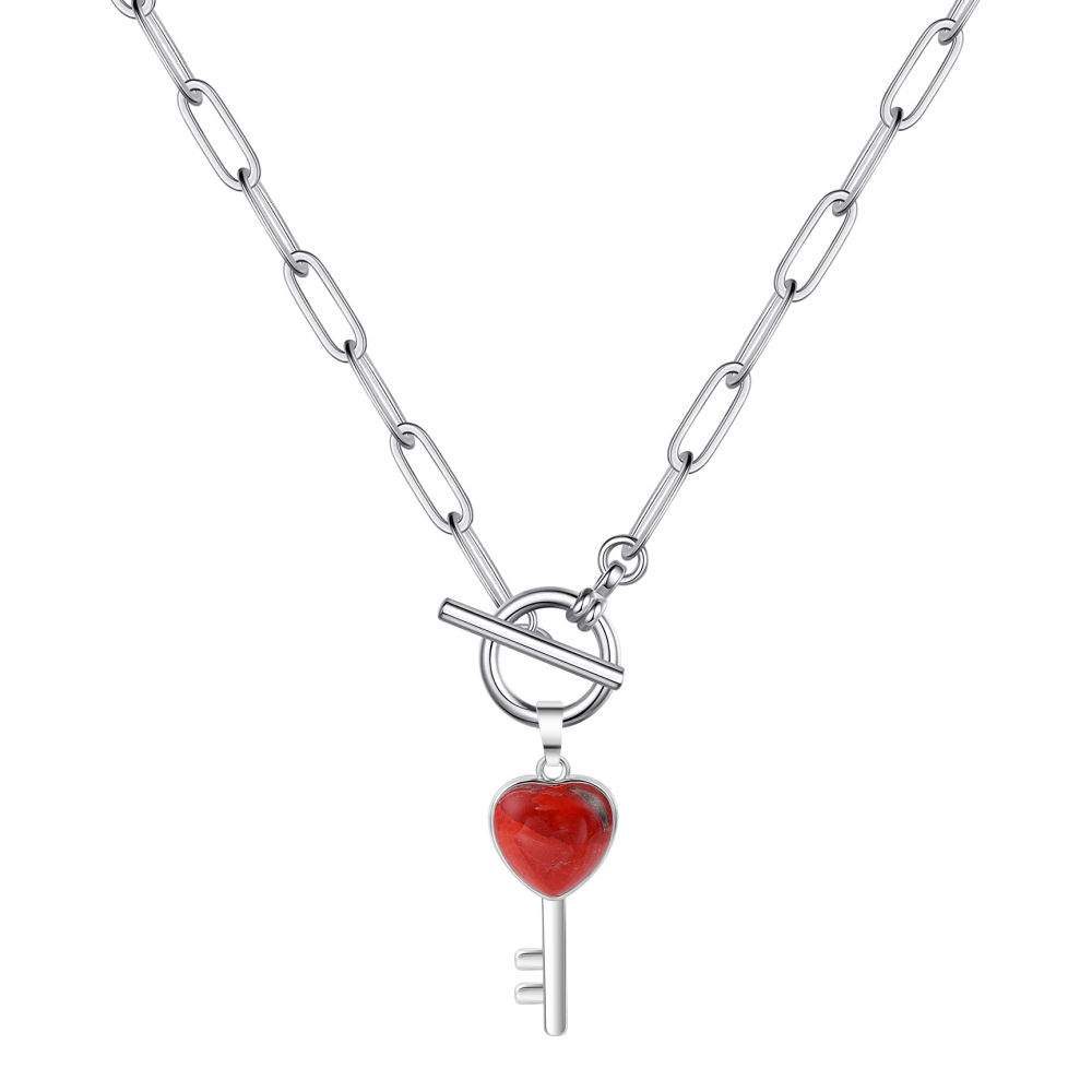 Gemstone Key Pendant Necklace with IQ Clasp Chunky Punk Chain Choker Cuban Link  Statement Jewelry for Women and Girls