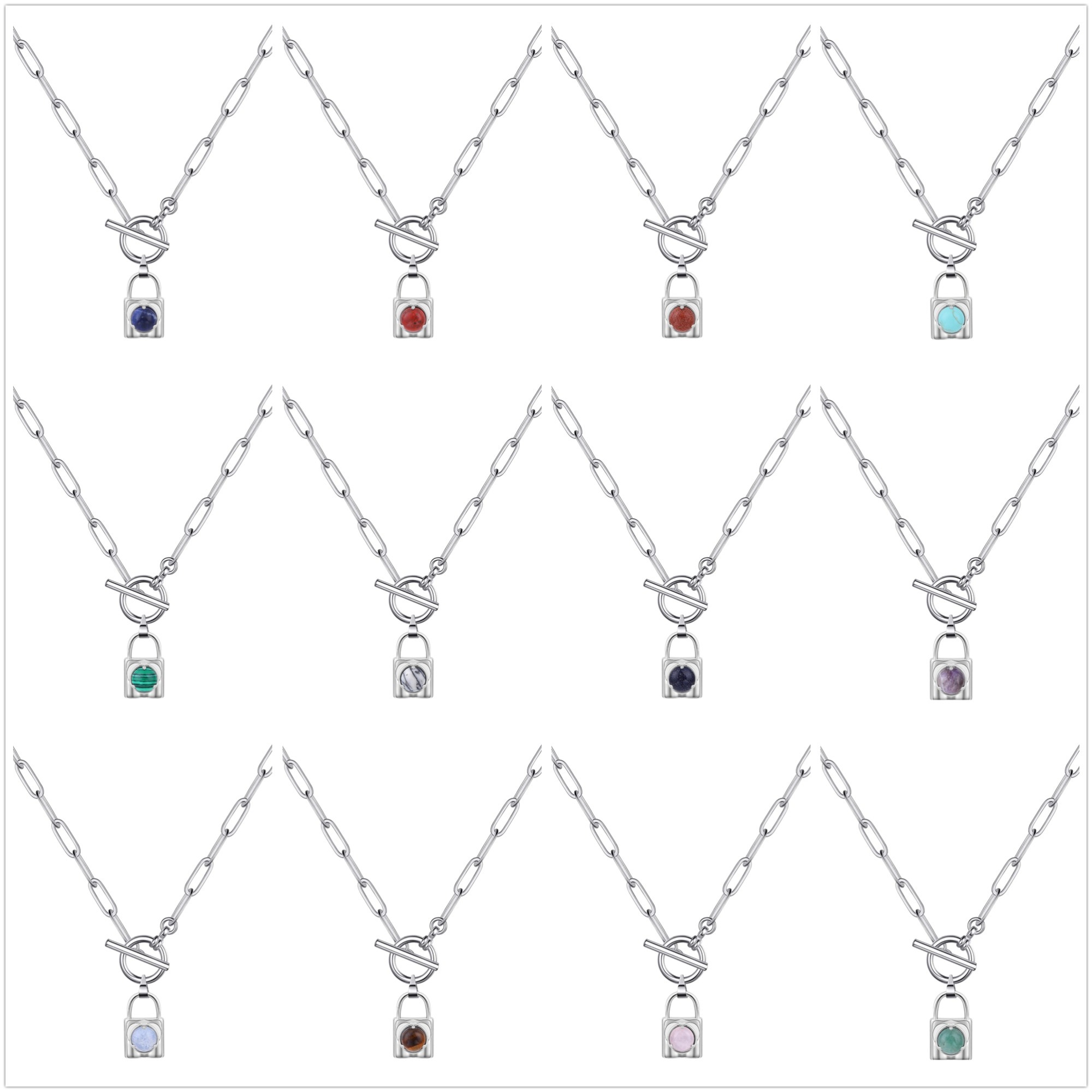 Natural Gemstone Silver Alloy Lock Pendant Necklace with IQ Clasp Chunky Punk Chain Choker Cuban Link  Statement Jewelry for Women and Girls