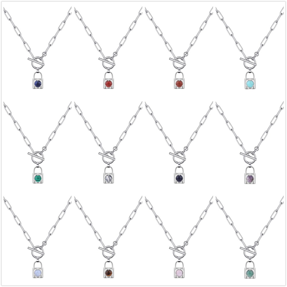 Natural Gemstone Silver Alloy Lock Pendant Necklace with IQ Clasp Chunky Punk Chain Choker Cuban Link  Statement Jewelry for Women and Girls