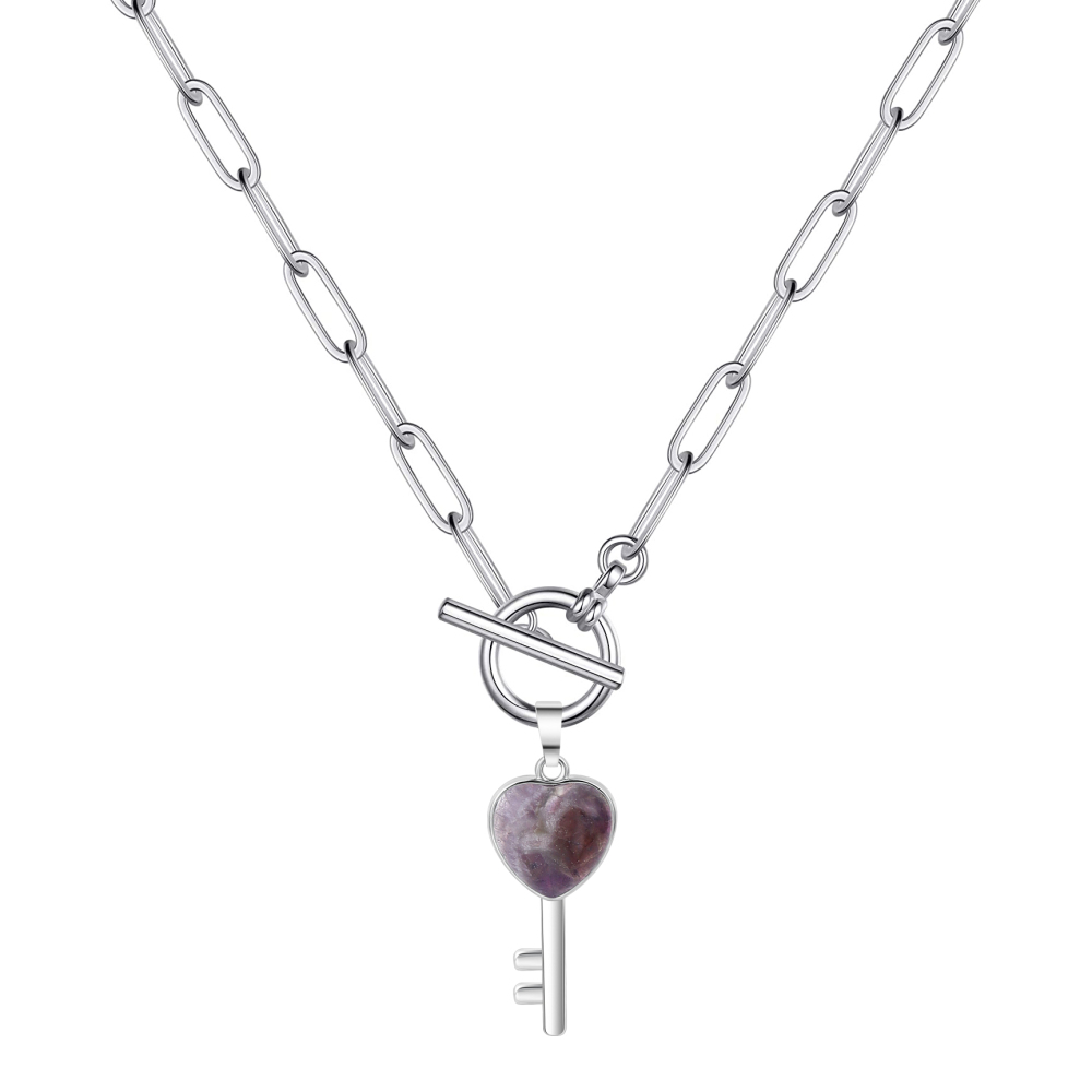 Gemstone Key Pendant Necklace with IQ Clasp Chunky Punk Chain Choker Cuban Link  Statement Jewelry for Women and Girls