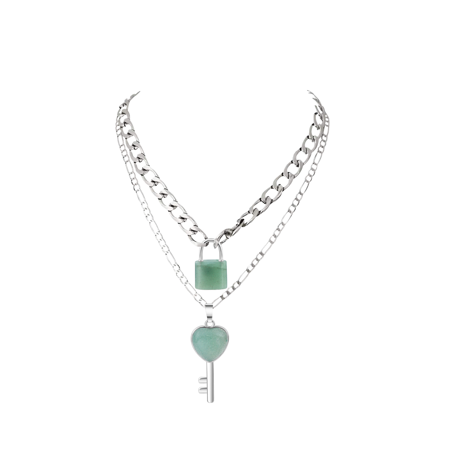 Layered Key Lock Pendant Necklace Chunky Punk Silver Chain Choker Cuban Link  Statement Jewelry for Women and Girls