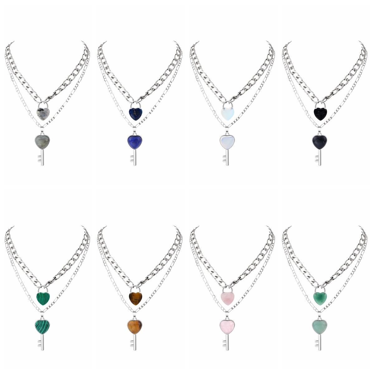 Layered Key Lock Pendant Necklace Chunky Punk Silver Chain Choker Cuban Link  Statement Jewelry for Women and Girls