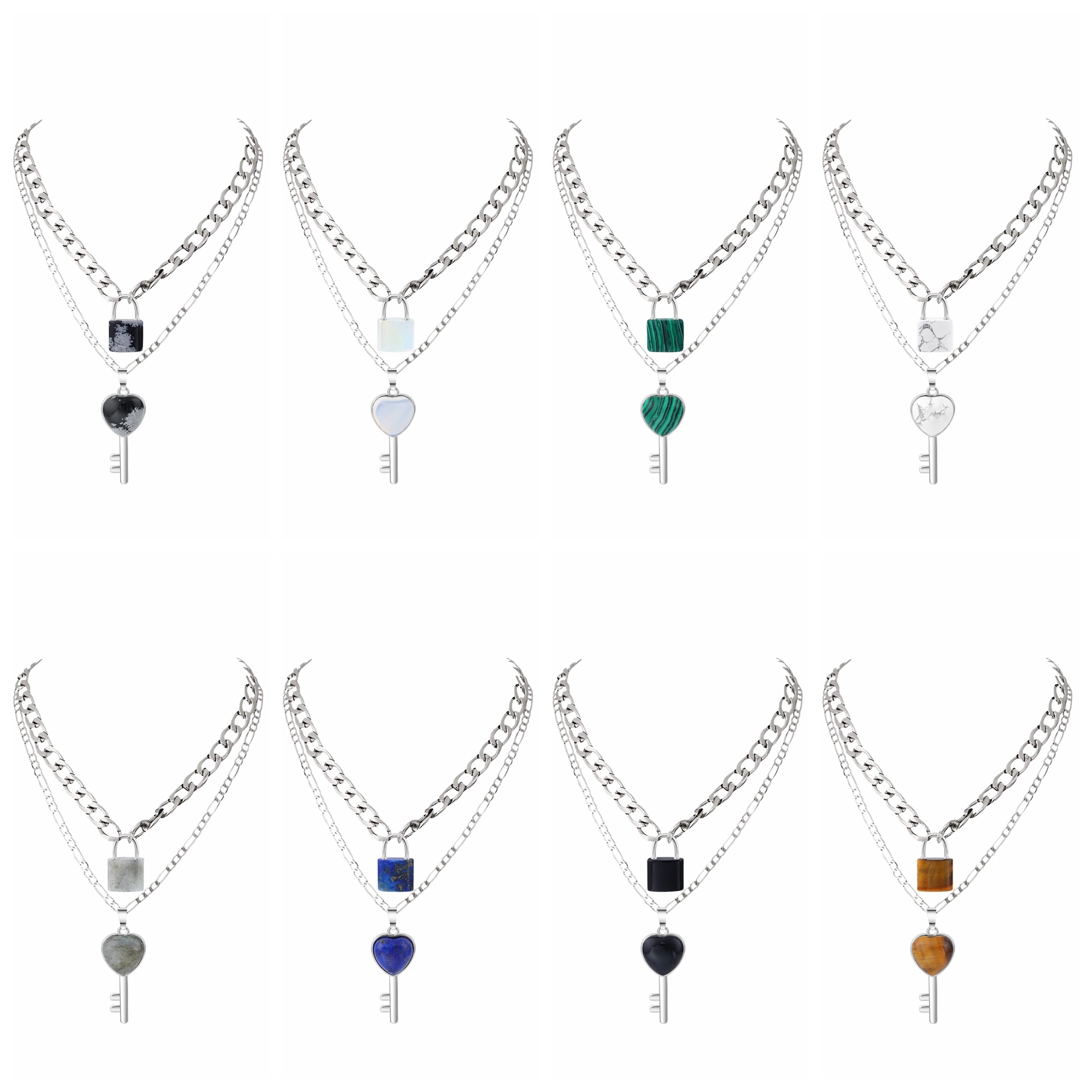 Layered Key Lock Pendant Necklace Chunky Punk Silver Chain Choker Cuban Link  Statement Jewelry for Women and Girls